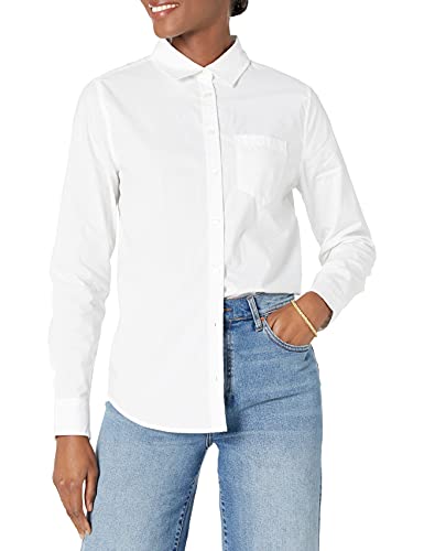 Amazon Essentials Women's Classic-Fit Long-Sleeve Button-Down Poplin Shirt, White,...