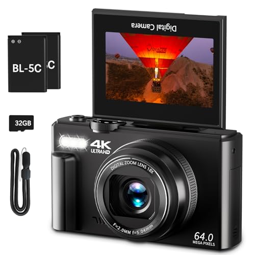 4K Digital Camera for Photography, 64MP Vlogging Camera for YouTube with 3' 180°...