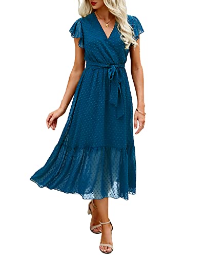 BTFBM Women Summer Bohemian Floral Casual Wrap V Neck Ruffle Cap Sleeveless Belt...