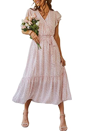 PRETTYGARDEN Women's 2024 Floral Boho Dress Wrap V Neck Short Sleeve Belted Ruffle...