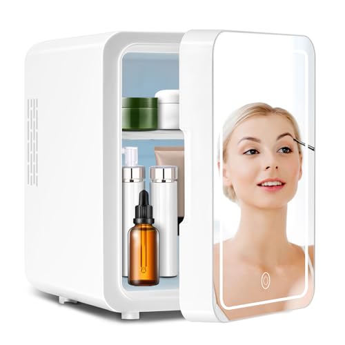 Skincare Fridge With Dimmable LED Mirror, 4L Makeup Mini Fridge for Bedroom,...