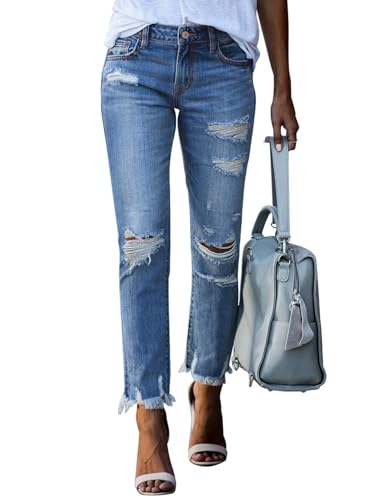 Sidefeel Women's Distressed Raw Hem Boyfriend Jeans Ripped Straight Leg Denim Pants...