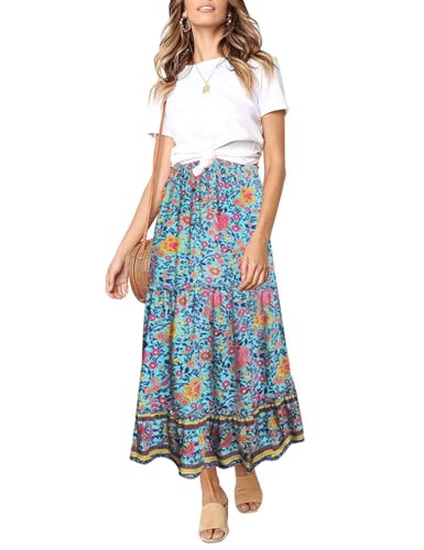 MEROKEETY Women's Boho Floral Print Elastic High Waist Pleated A Line Maxi Skirt...