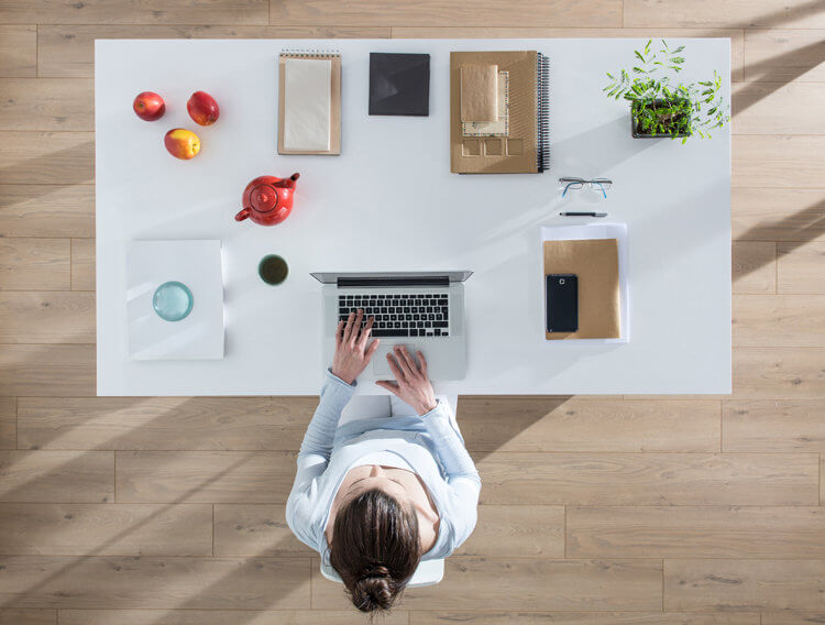 top view desk girl working