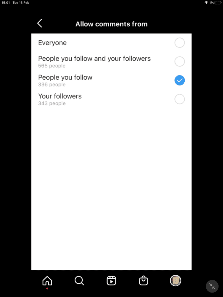 Instagram "Allow Comments from" Screen