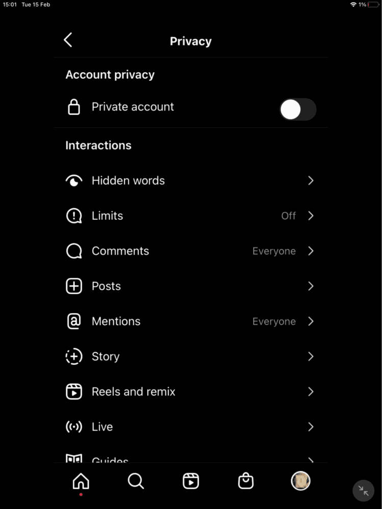 Instagram "Privacy Settings" Screen