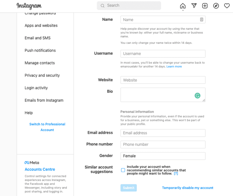 Instagram "Profile Settings" Screen